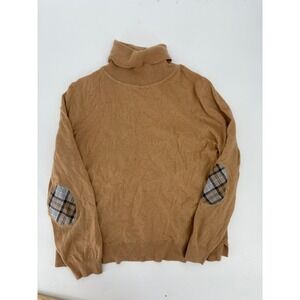 Barbour Pendle Roll Collar Turtleneck Sweater Camel Tan Plaid Elbow Patch